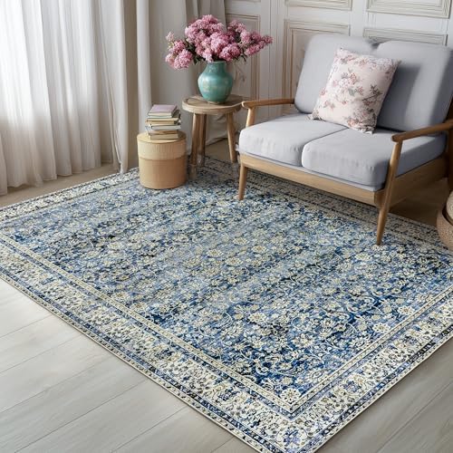 BILEEHOME Blue Area Rugs 5x7 Vintage Boho Flower Distressed Low Pile Rug - Image 2