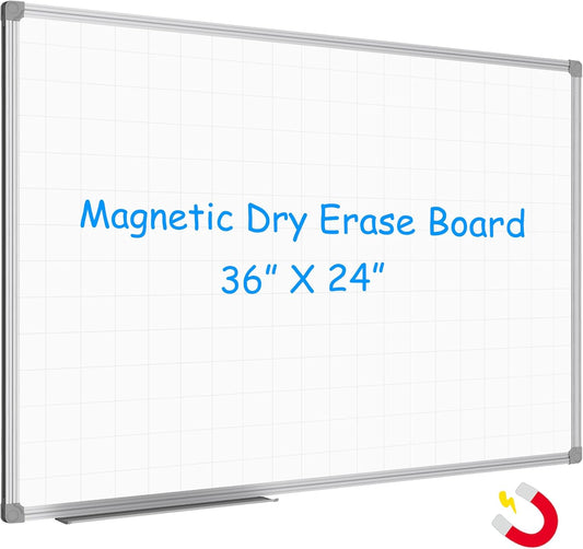 JILoffice Magnetic Dry Erase Planning Board, Grid Pattern White Board 36 x 24 Inch, Silver Aluminum Frame with Detachable Marker Tray for Office School and Home