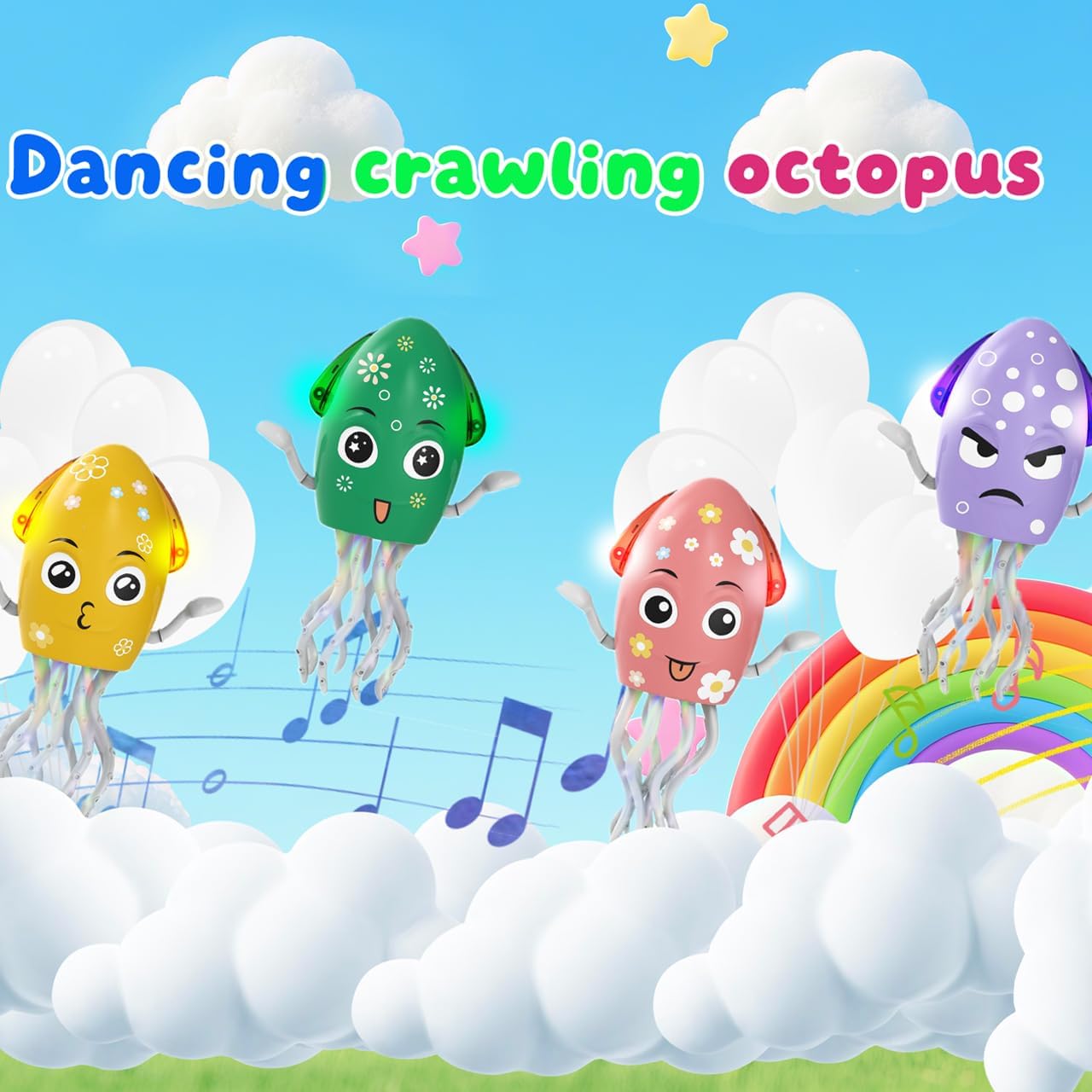 Dancing Octopus Toy Electric Crawling Baby Toy with Lights & Music Tummy Time Octopus Toy | DIY Expressions, Obstacle Avoidance | for Boys and Girls Party Gift Birthday, Christmas (Green)