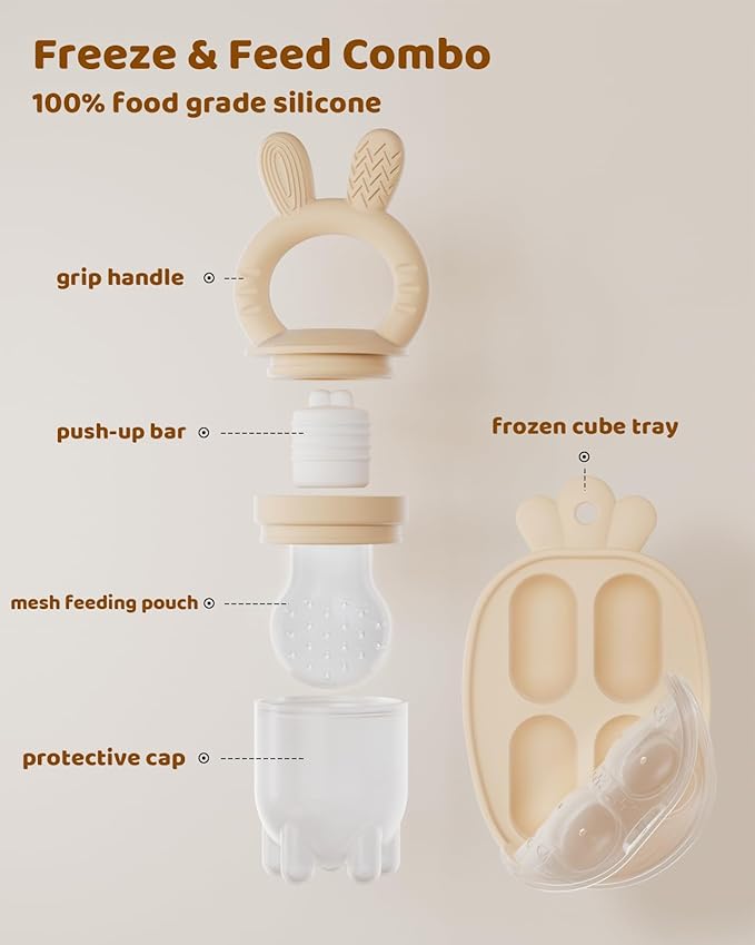 2 Packs Baby Fruit Feeder & Freezer Nibble Tray Combo, Push Pop Baby Food Feeder to Safely Introduce New Foods, Fresh & Frozen Food Silicone Feeder, 100% Food Grade, BPA Free (Caramel & Pink)