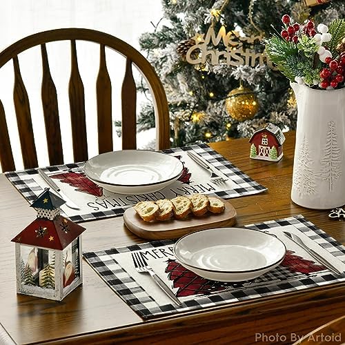 Artoid Mode Waterclor Buffalo Plaid Christmas Trees Placemats Set of 2 - Image 4