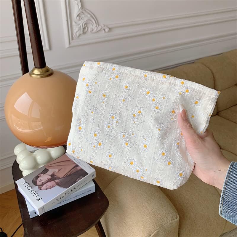 Flat Makeup Bag for Women, Zipper Cosmetic Pouch for Purse, Daisy Beige - Image 6