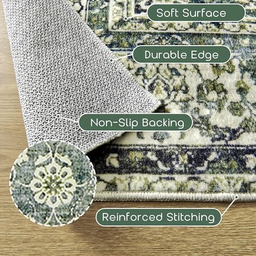 Dark Green Area Rugs 8x10 for Bedroom Washable Floral Distressed Carpet - Image 3