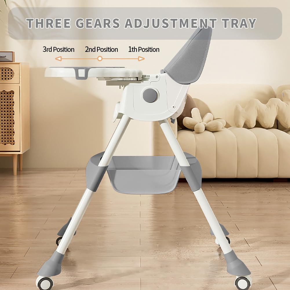 High Chairs for Babies and Toddlers, 4 in 1 Convertible Baby High Chair, Portable High Chair for Travel with Adjustable Height and Back, Foldable HighChair with Wheels& Pu Cushion (Grey)