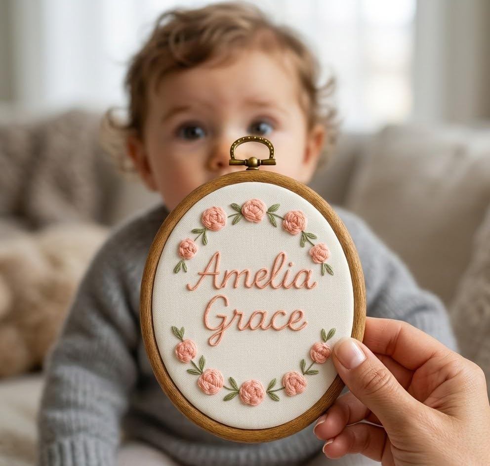 Personalized Baby Name Embroidery Hoop – Custom Newborn Announcement Sign - Image 3