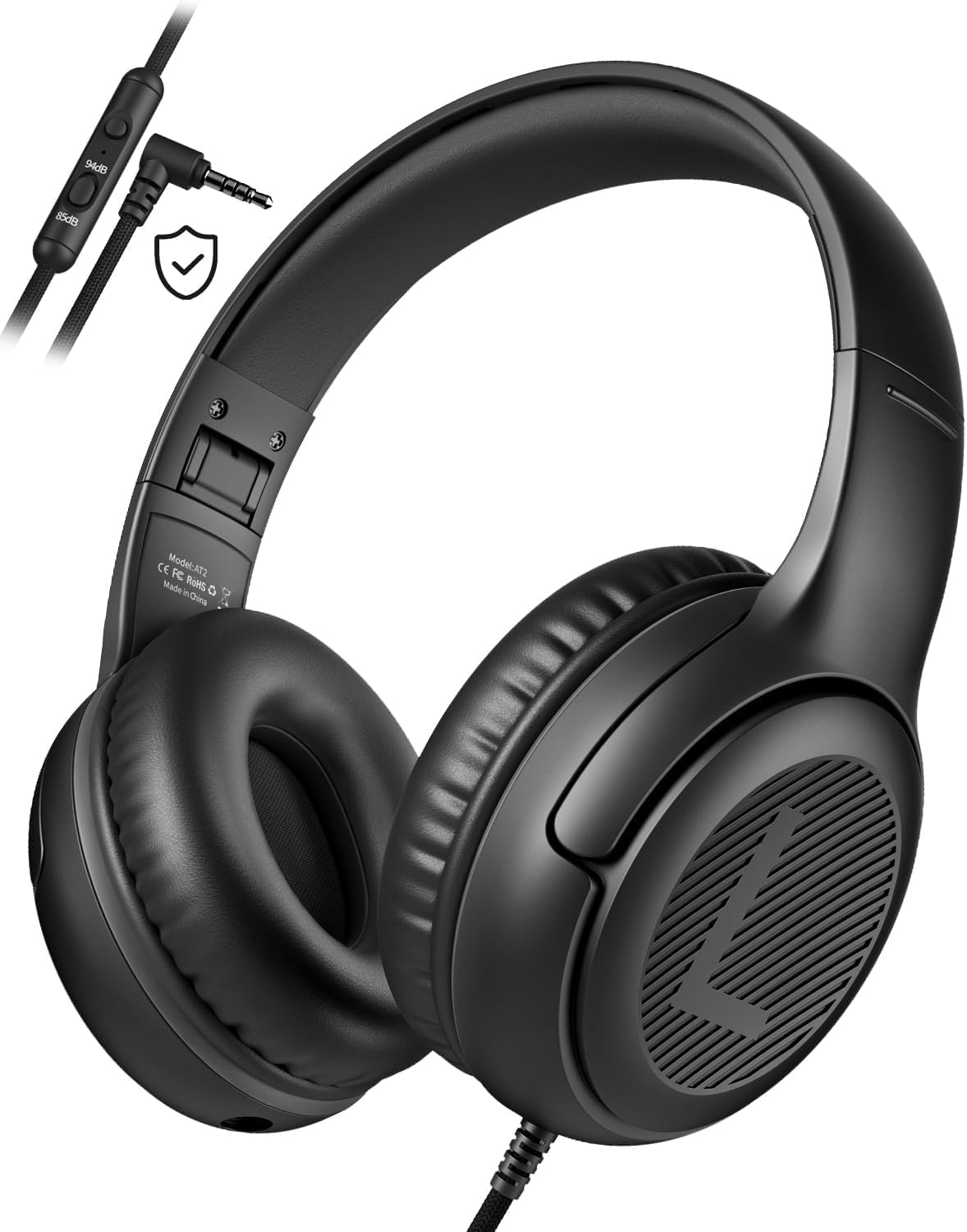 Kids Headphones Wired Toddler Headphones with Microphone - Over-Ear Headphones, 85/94dB Volume-Limiting, 3.5mm Jack Foldable On-Ear Design, Safe Comfortable for Boys Girls Learning Entertainment Black