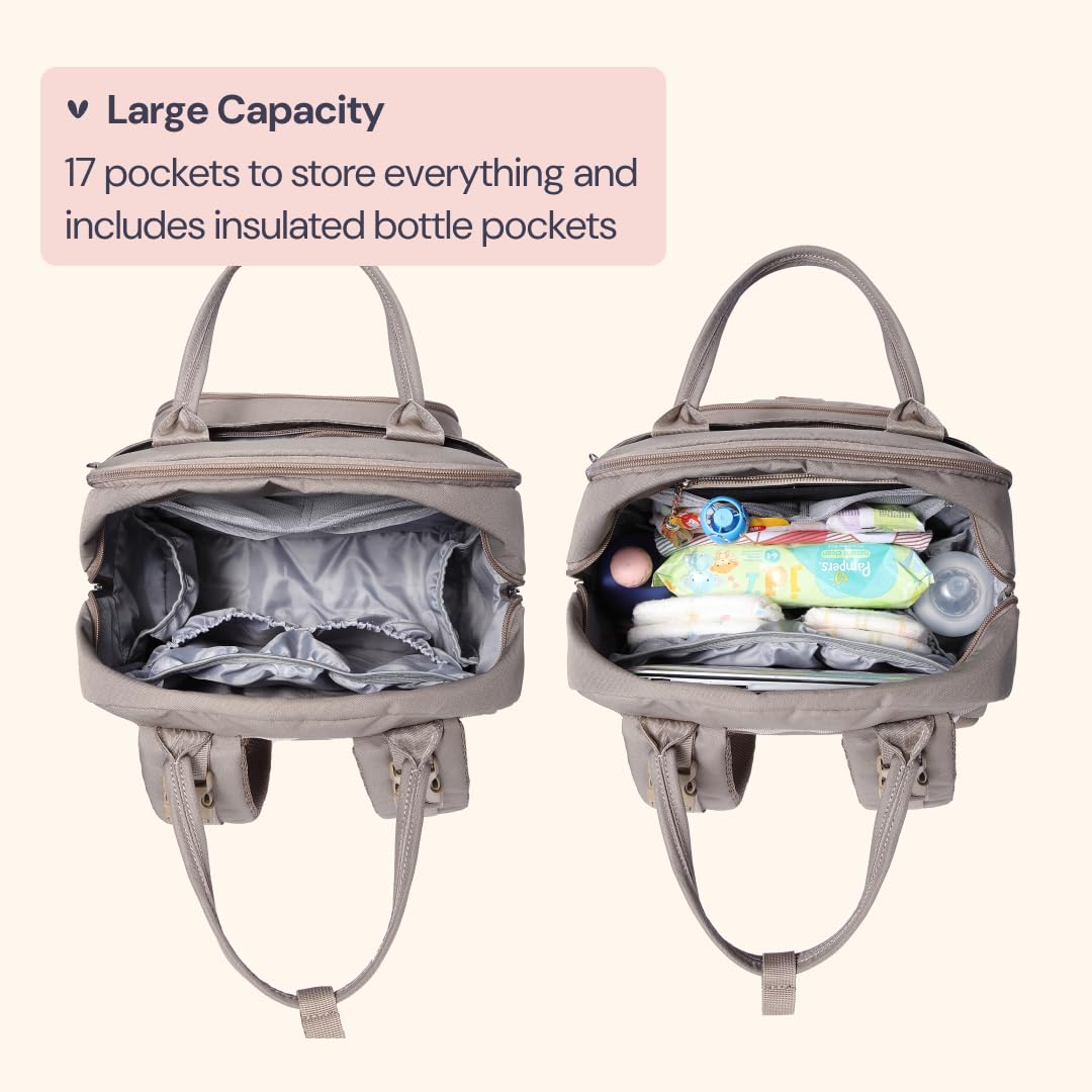 BabbleRoo Diaper Bag Backpack - Baby Essentials Travel Tote - Multi Function Waterproof Diaper Bag, Travel Essentials Baby Bag with Changing Pad, Stroller Straps & Pacifier Case - Unisex, Khaki