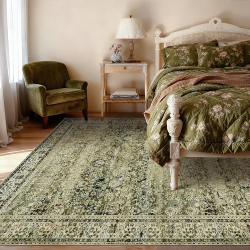 Olive Rug 9x12 Washable Boho Vintage Soft Large Carpet - Image 2