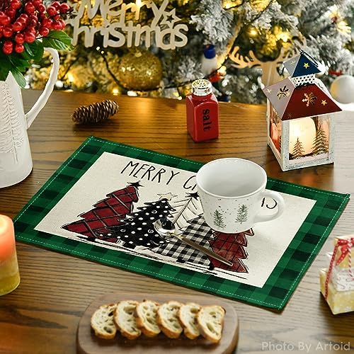 Artoid Mode Waterclor Green Buffalo Plaid Christmas Trees Placemats Set of 6 - Image 3
