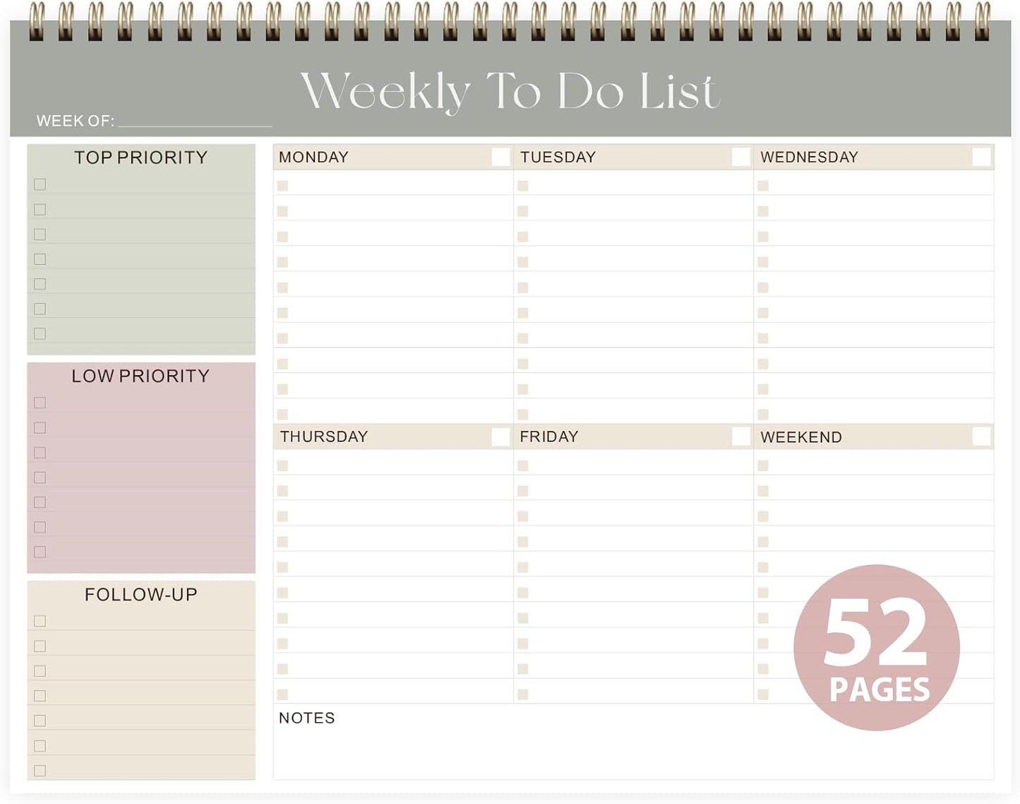 Weekly To Do List Notepad, Undated Planner with 52 Sheets (8.5''x11''), Desk Weekly Planner for Women & Man, Home School & Work (A-Green)