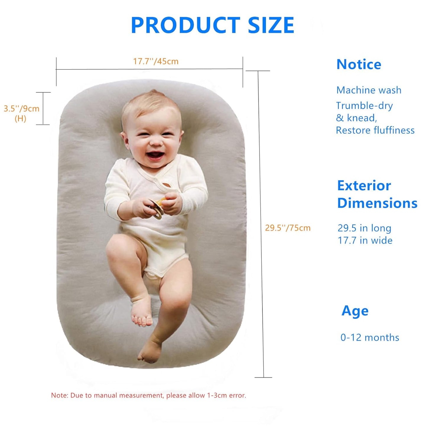 Baby Lounger Play Mat,Baby Lounger for Newborn Tummy Time for Baby in Flat Surface,0° Angle Newborn Lounger Baby Nest for Boys & Girls 0-12 Months(English Apricot)