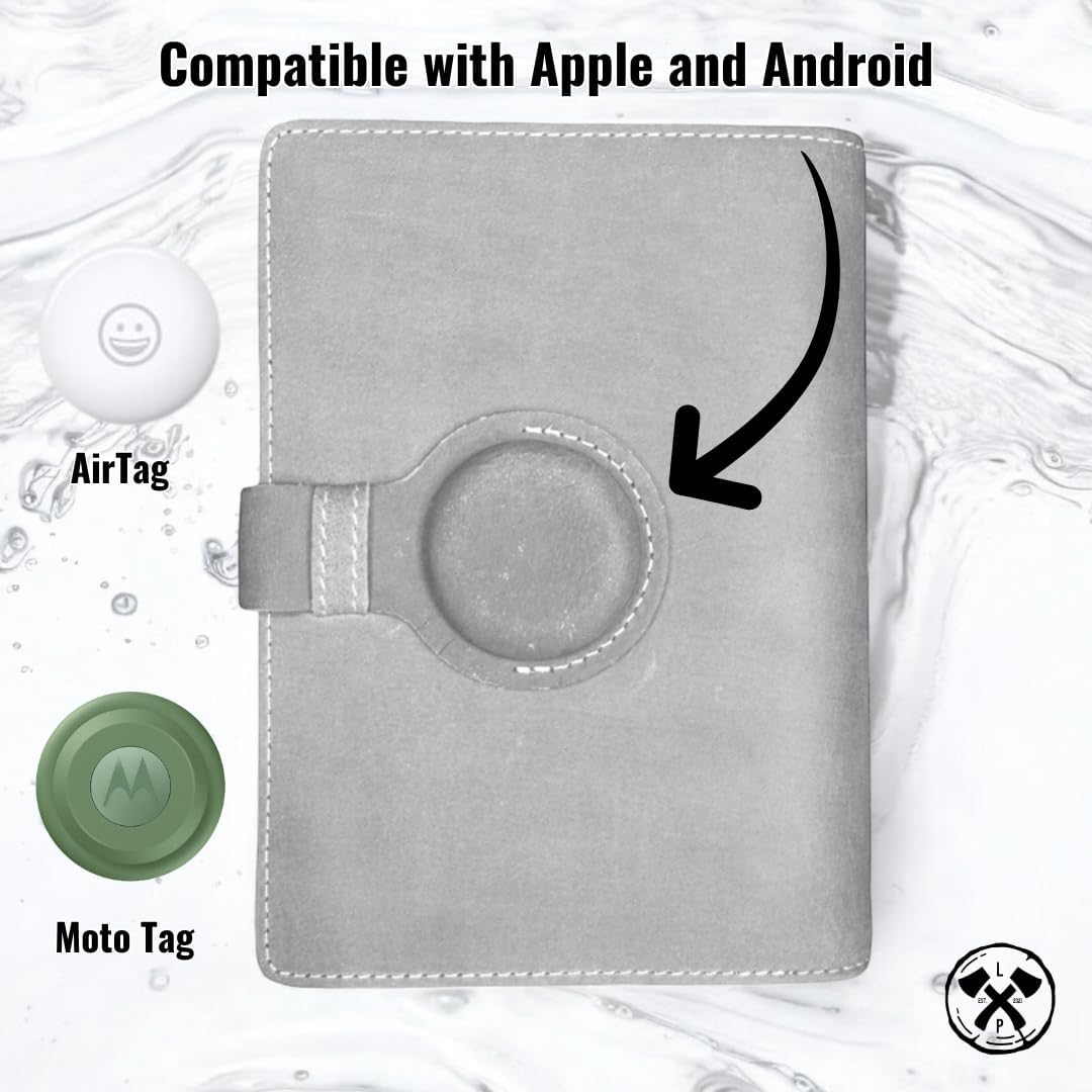 Genuine Leather AirTag Passport Holder and Wallet for Men and Women RFID Blocking for Secure Traveling and Documentation Organizer (Grey)