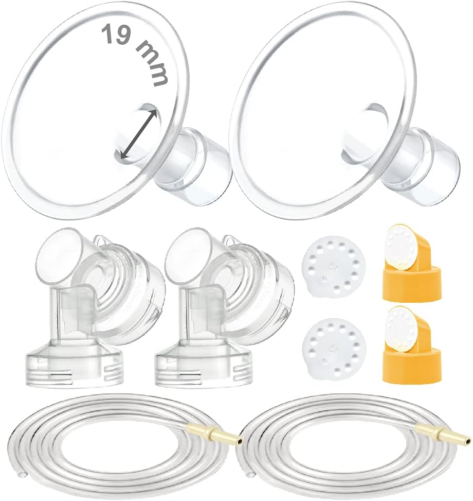 Maymom Breast Pump Kit Compatible with Medela Pump in Style Advanced Pump; 2xTwo-Piece 19mm Breastshield, 2 Valve, 4 Membrane, 2 Replacement Tubing; Replacement Part for Medela Shield, Silicone Valve