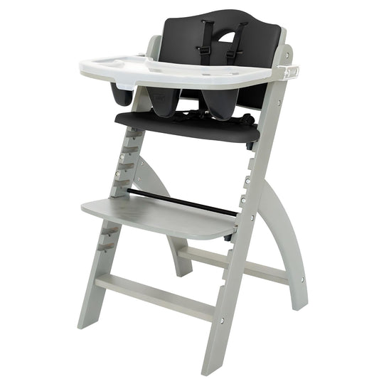 Abiie Beyond Junior Wooden High Chair with Tray - Adjustable and Convertible High Chair for Babies and Toddlers - 6 Months to 250 Lb - Water Resistant - Misty Grey Wood/Black Pearl Cushion