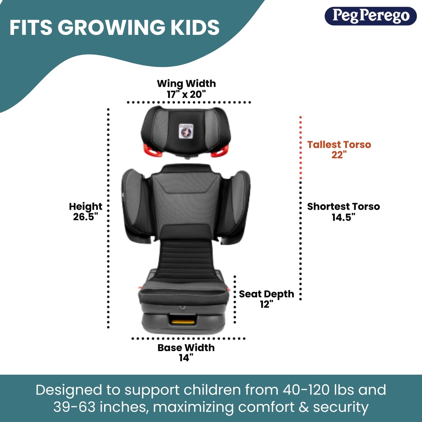 Peg Perego Viaggio Flex 120 Booster, 4D Total Adjust for Safety & Comfort, No Armrests, Compact Fold for Travel, 40-120 lbs, Made in Italy, Monza (Black & Red)