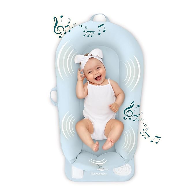 MyBaby 3-in-1 Calming Baby Cushion, Soothing Comfort for Newborns & Infants, Snuggling Sensation, Sound and Vibration, Designed for Safety, Rechargeable & Machine-Washable, by Homedics, Blue