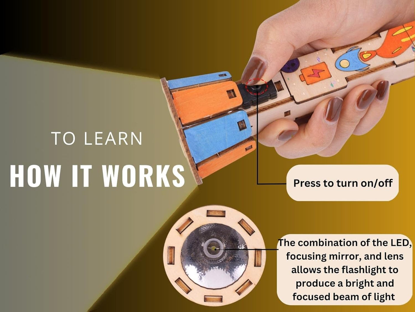 DIY Wooden Flashlight STEM Kit for Kids Aged 6-10 | Battery-Operated Educational Science Experiment Kit with Built-in Switch