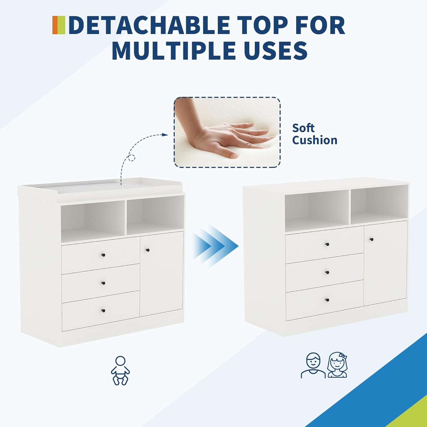 Nursery Dresser with Changing Table Top - Tall Wooden Diaper Changing Station with 2 Open Shelves, 3 Drawers, and 1 Cabinet, Ideal for Children's Room, White