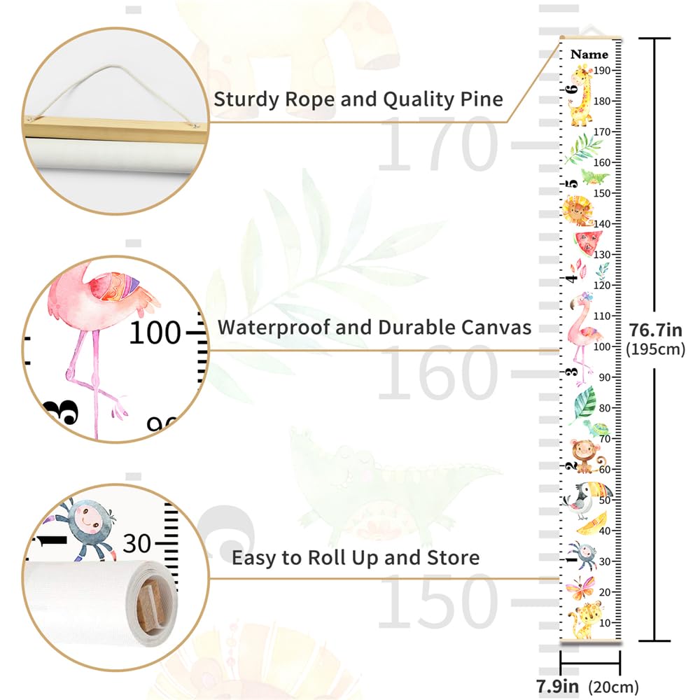 Personalized Growth Chart for Kids, Baby Height Chart with Custom Name, 77"x7.9" Canvas & Beige Wood Height Measuring Rulers for Boys Girls Removable Wall Ruler Hanging for Nursery Decor - Butterfly