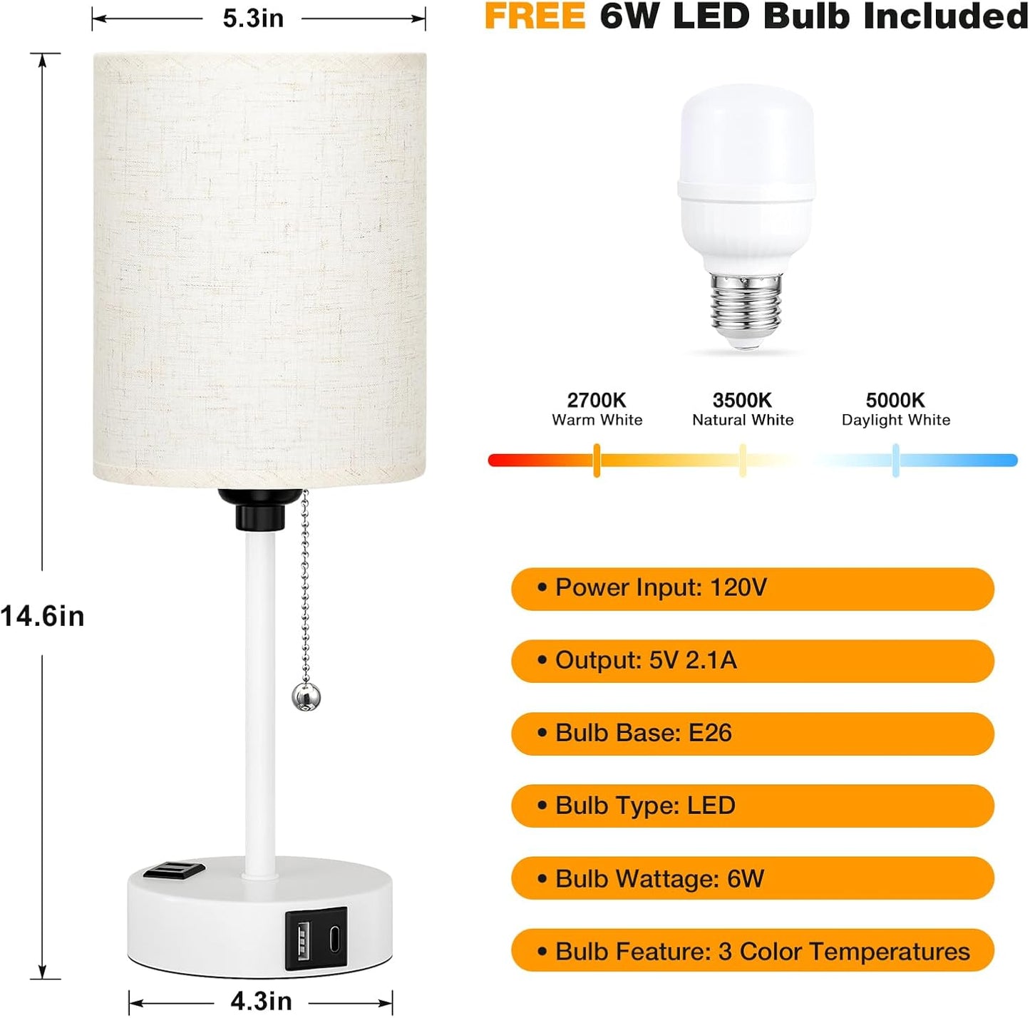 Small Bedside Lamp for Bedroom Nightstand - 2700K 3500K 5000K Bedside Lamps with USB C and A Ports, Pull Chain Table Lamps with AC Outlet, Nightstand Lamps with White Metal Base for Kids Reading