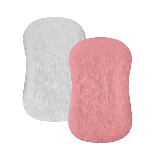 Hooyax Baby Lounger Cover 2 Pack - 100% Muslin Cotton Newborn Lounger Pillow Covers Only, Soft Breathable Infant Lounger Cover with Reinforced Stitching, Fits Most Standard Baby Loungers (Grey Pink)