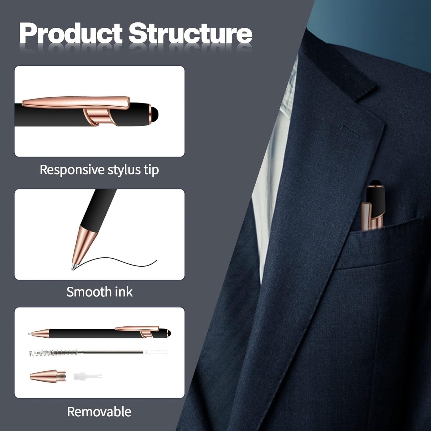 8 Pieces Ballpoint Pen with Stylus Tip Black Ink 2 in 1 Stylus Metal 1.0 mm Medium Point Smooth Pen Rainbow Colorful Rubberized Ballpoint for Touch Screen Tablet(Rose Gold, Black)
