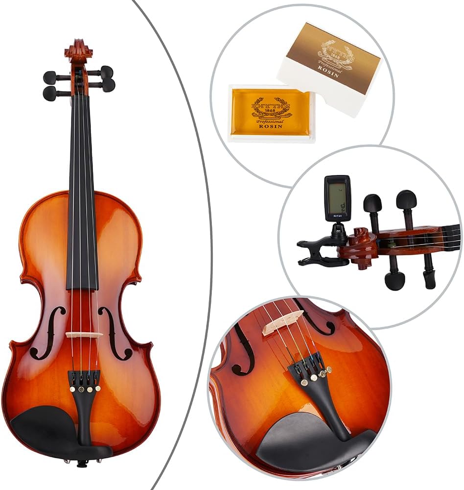 Rhythm Violin Set for Beginners,Acoustic Violins Starter Kit Package for Student,Beginners Fiddle with Hard Case, Rosin, Shoulder Rest, Bow, and Extra Strings (NATURAL, 1/4)