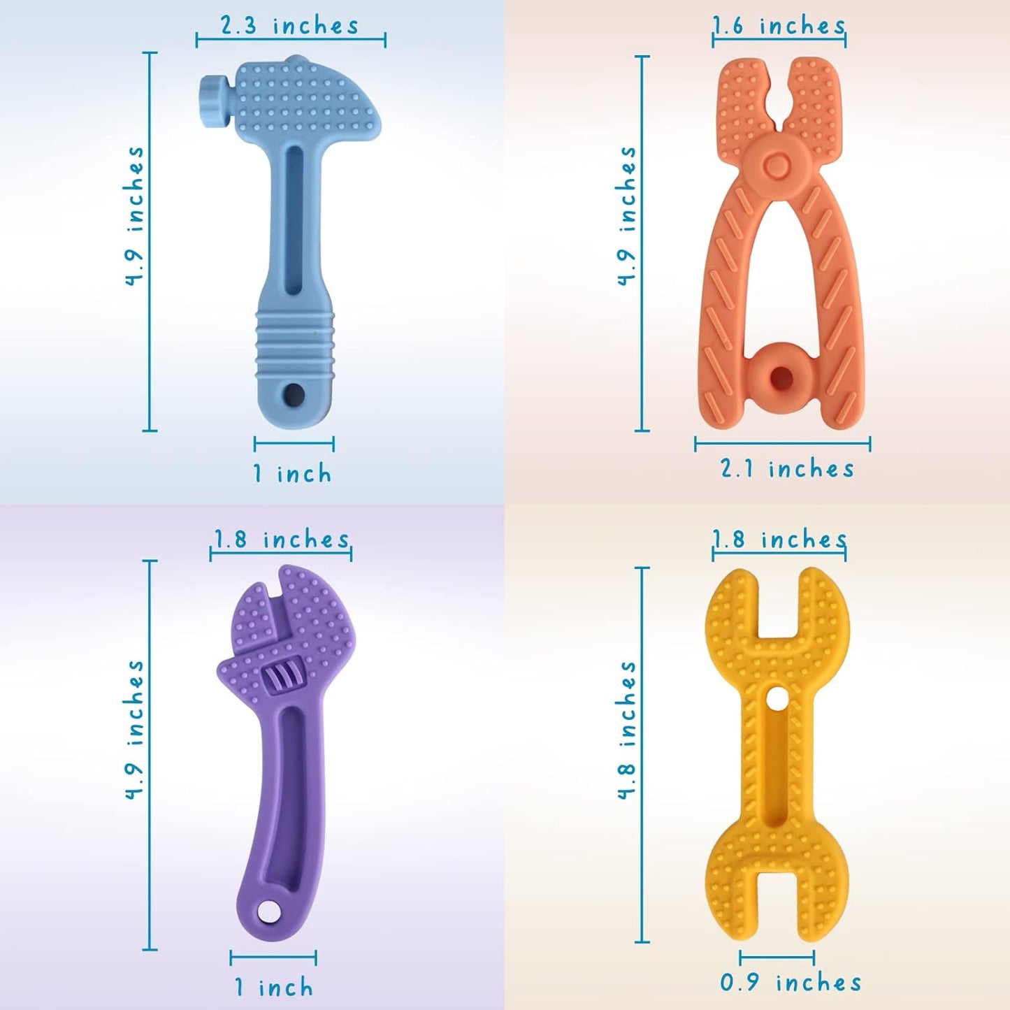 Fu Store 4 Pack Soft Silicone Teething Toys for 0-12 Months 6-24 Months Toddlers Infant Hammer Spanner Wrench Pliers Tools Shape Baby Teethers Relief Soothe Babies Gums Set
