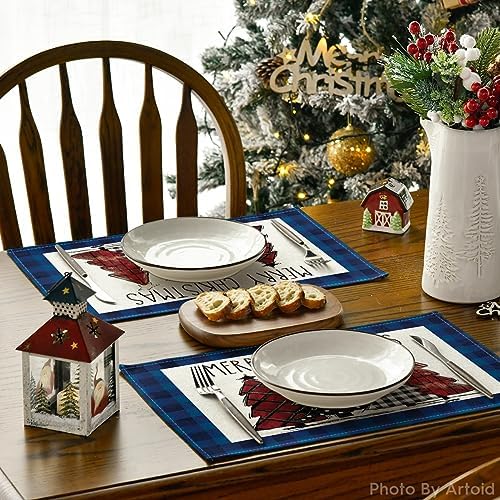 Artoid Mode Blue Waterclor Buffalo Plaid Christmas Trees Placemats Set of 6 - Image 4