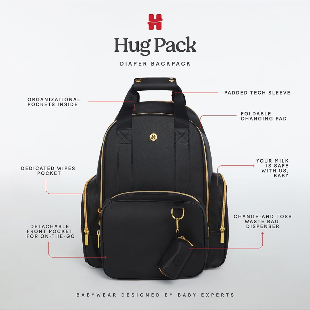 Huggies Signature Hug Pack Diaper Backpack, Black Leather, O/S