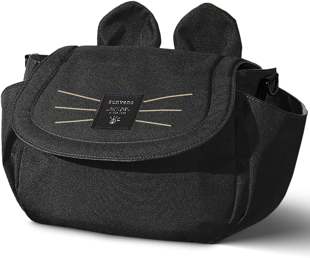 SUNVENO Universal Stroller Organizer with Cup Holder and Shoulder Strap, Cute Cartoon Cat Design, Diaper Bag with Multiple Inner Pockets, Fits Uppababy, Baby Jogger, Britax & Pet Strollers,Black