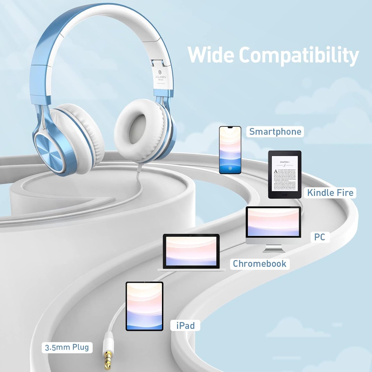 AILIHEN Kids Headphones for School Boys, Headphones with Microphone for Chromebook Laptop Computer Smartphone, 3.5mm Foldable Lightweight Headset for Teen Teenager (Blue)