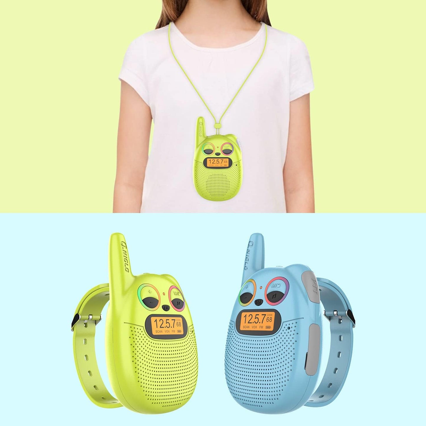 Qniglo Walkie Talkies for Kids Rechargeable 2 Pack,Christmas Birthday Gifts Toys for Age 3-12 Boys Girls, Long Range Kids Walky Talky with FM Radios for Family Adventure Camping Hiking Spy Games