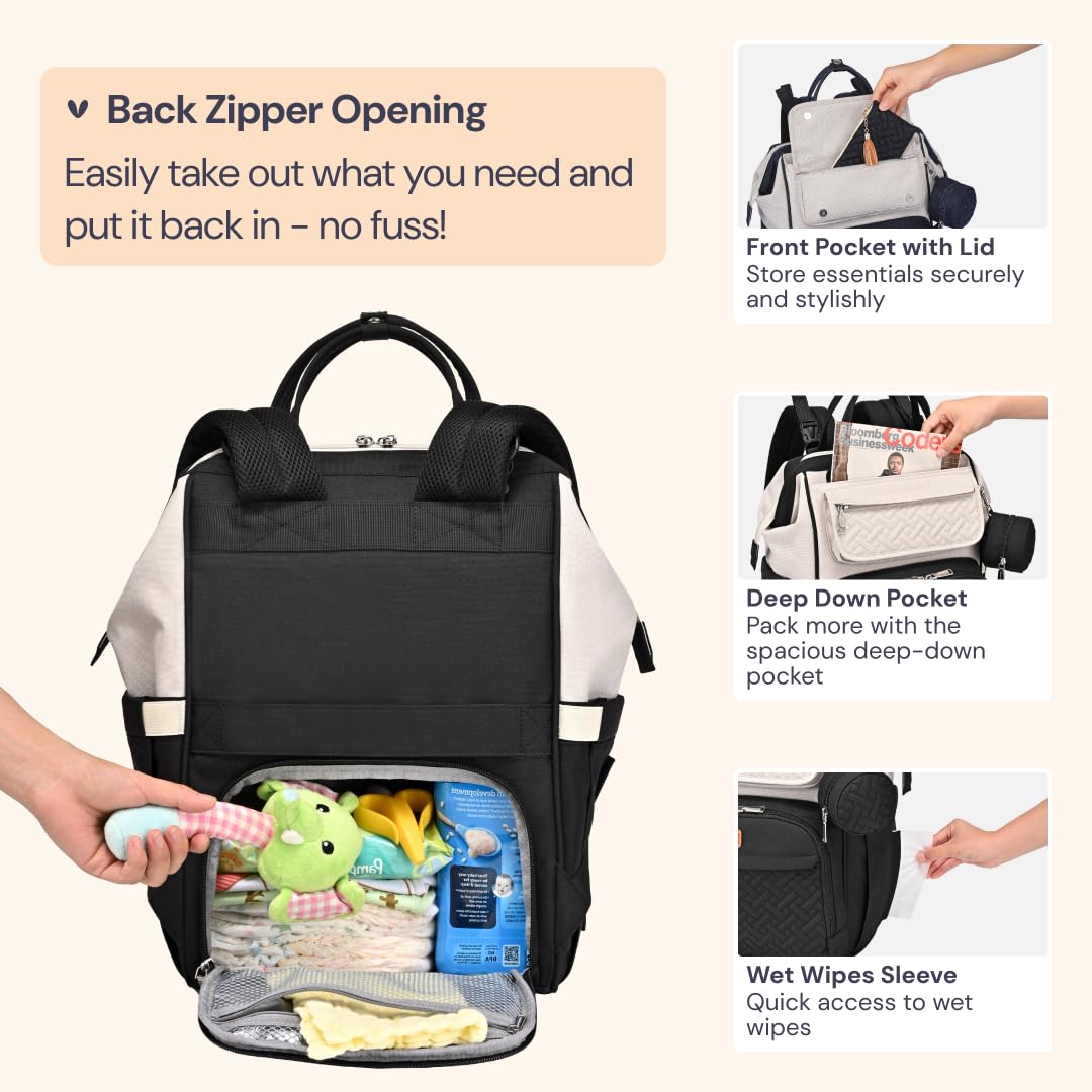 BabbleRoo Diaper Bag Backpack, Multifunction Nappy Changing Bag with Changing Pad, Stroller Straps & Pacifier Case, Unisex Stylish Travel Back Pack for Moms & Dads – Apricot & Black