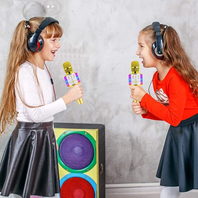 Amazmic Kids Karaoke Microphone Machine Toy Bluetooth Microphone Portable Wireless Karaoke Machine Handheld with LED Lights, Gift for Children Adults Birthday Party, Home KTV(Gold)