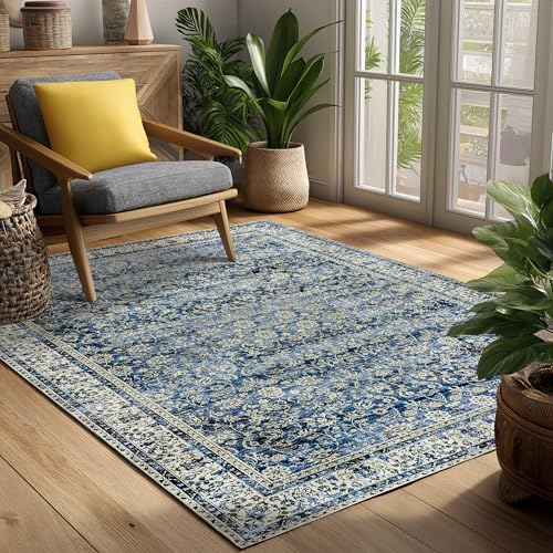 Vintage Dark Blue 4 by 6 Rug for Dorm Washable Small Throw Rugs Bedroom by BILEEHOME