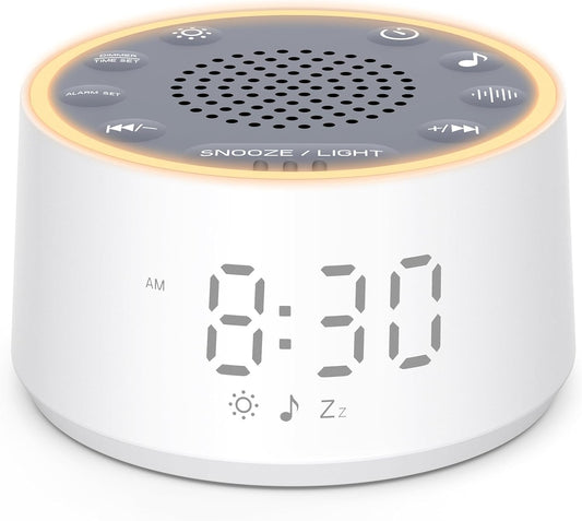 Dreamegg Sound Machine with Nursery Lamp - Sound Machine Baby, Soothing Sounds, Timer, Memory Function, 10 Colour Night Light, White Noise Machine Alarm Clock for Newborn Baby Registry Gift, White