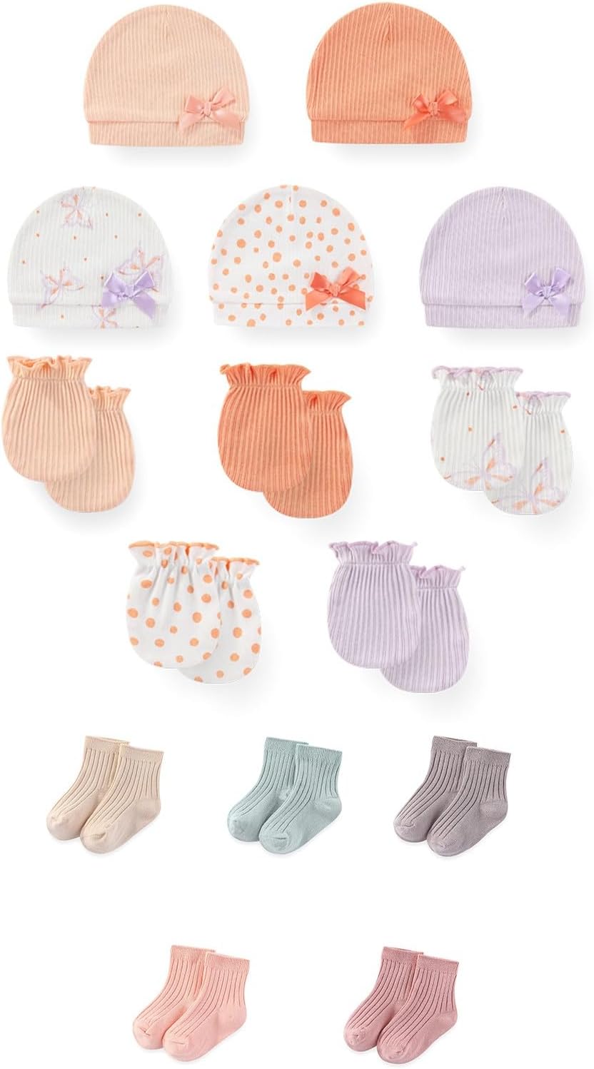 15 Pack Unisex New Born Boy Girls No Scratch Mittens Sets Cotton Soft Baby Gloves Hats socks Accessory 0-6 Months