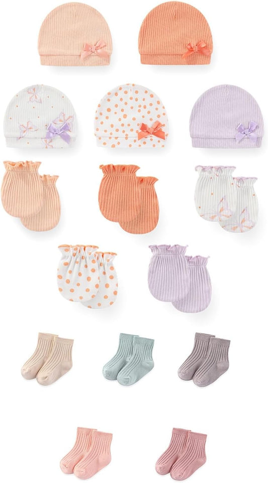 15 Pack Unisex New Born Boy Girls No Scratch Mittens Sets Cotton Soft Baby Gloves Hats socks Accessory 0-6 Months