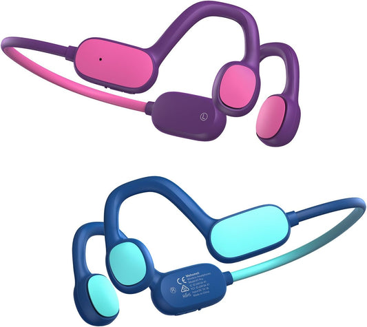 2 Pack Kids Headphones, Bluetooth 5.2 Air Conduction Open Ear Headphones, 85dB Volume Limiting, Stereo Sound with Mic, IPX5 Waterproof, 20H Playtime-Blue Purple