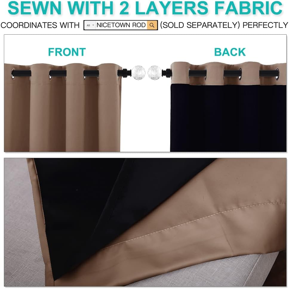 NICETOWN 100% Blackout Curtains Thermal, Noise Cancellation and Privacy Truly Blackout Curtains for Patio Door, Black Lined Blackout Drapes with Grommet Top, Cappuccino, 1 Pair, W42 x L84