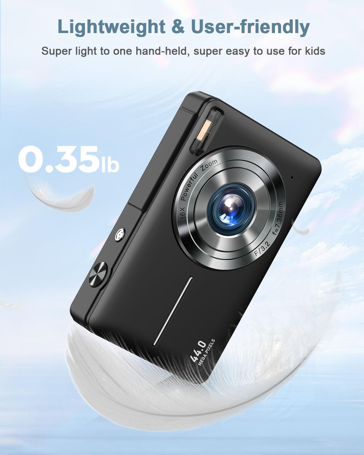 Digital Camera, FHD 1080P Point and Shoot Camera with 16X Zoom Anti Shake, Compact Small Portable for Boy Girls(Deep Black)