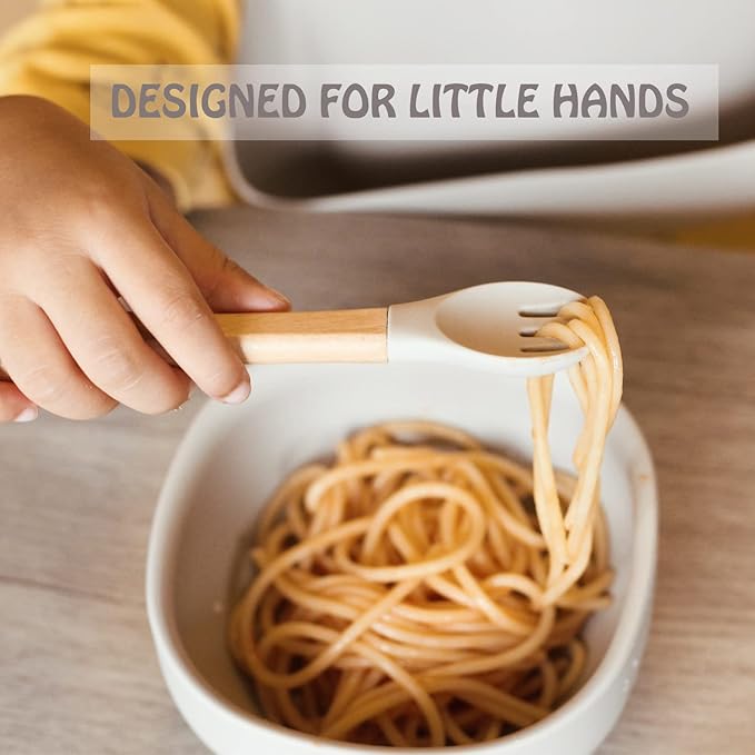 Ginbear Silicone Baby Spoons and Forks Self-feeding 12-18 Months, Soft-Tip Baby Flatware Sets, Toddler Feeding Utensils for Child, 4 Piece Set (Hazy Green/Almond)