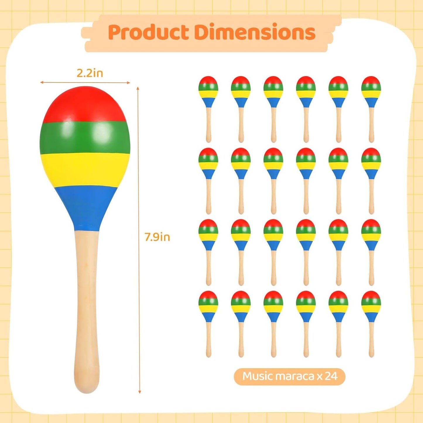 24 PCS Maracas for Adults - 7.9 Inches Multi-Colored Wooden Maracas, Lightweight Design Noisemaker Musical Fun Party Favor for Adult Mexican Party Props Birthday Carnival