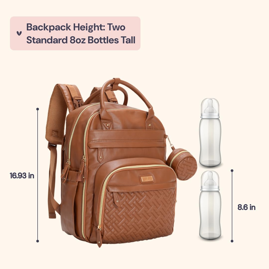 BabbleRoo Leather Diaper Bag Backpack - Baby Essentials Travel Baby Bag, Multi function, Waterproof, with Changing Pad, Stroller Straps & Pacifier Case – Unisex, Natural Brown