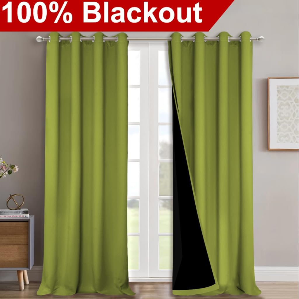 NICETOWN Full Shading Curtains 90" Long 2 Panels Set for Windows, Fresh Green, Pack of 2, 52" W, Super Heavy-Duty Black Lined Blackout Curtains for Bedroom, Privacy Assured Window Treatment