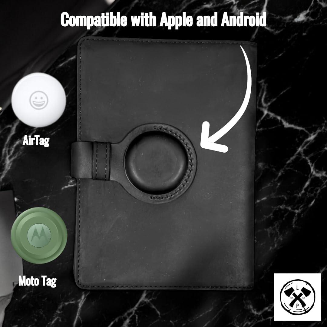 Genuine Leather AirTag Passport Holder and Wallet for Men and Women RFID Blocking for Secure Traveling and Documentation Organizer (Black)
