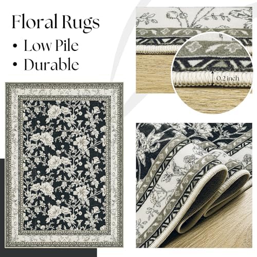 Black Floral Area Rugs 6x9 Living Room, Vintage Modern Farmhouse Boho Indoor - Image 5