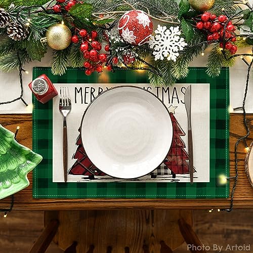 Artoid Mode Waterclor Green Buffalo Plaid Christmas Trees Placemats Set of 6 - Image 2
