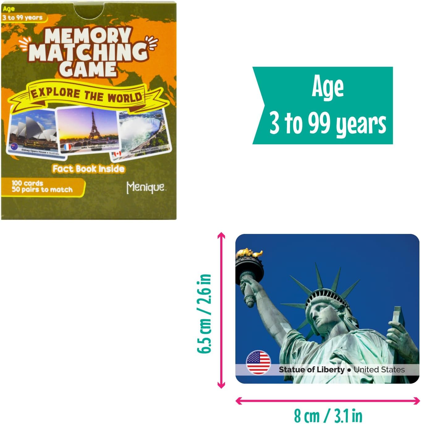 Menique Explore The World Memory Matching Game – 100 Cards (50 Pairs) with Famous Landmarks from 50 Countries – Includes Flag, Country & Place – Educational Geography Game + Informative Booklet